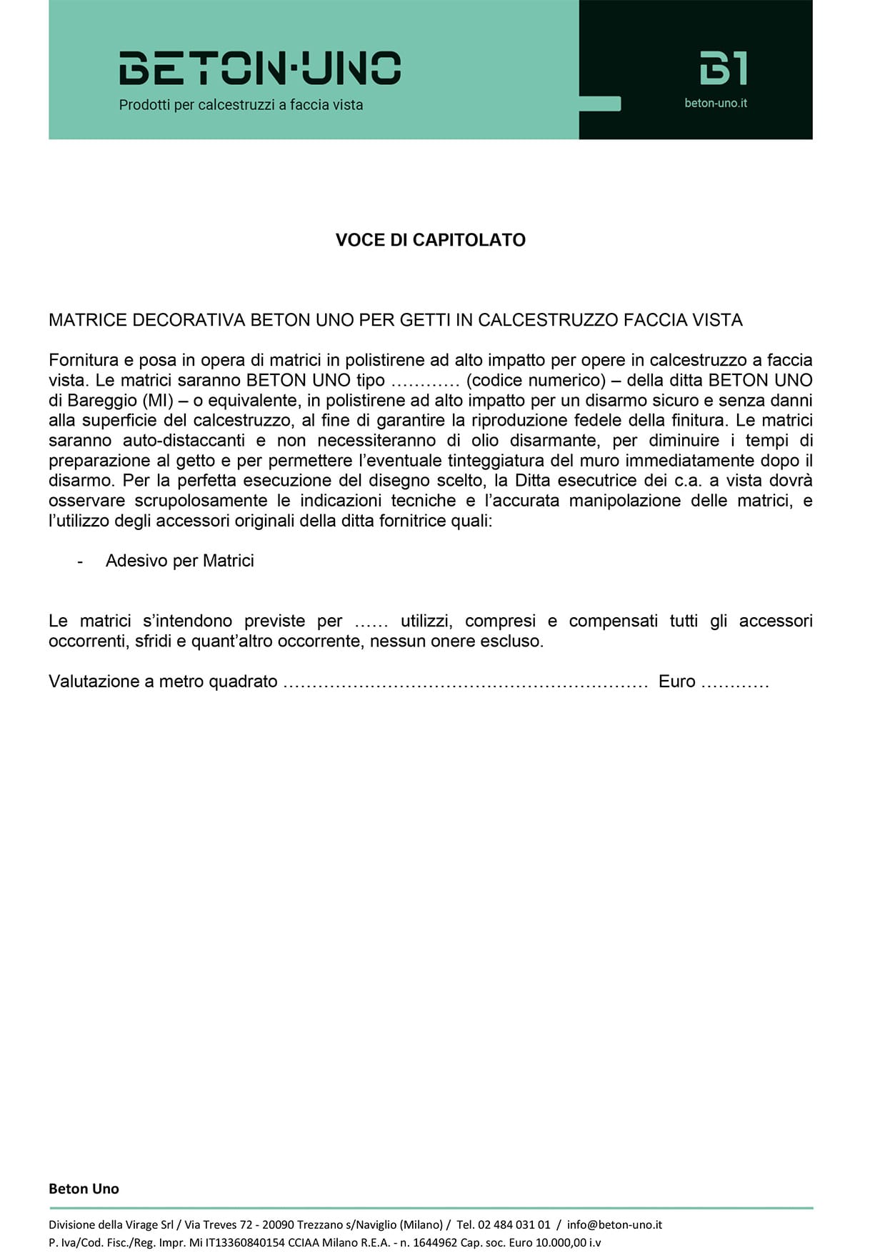 Voce capitolato Matrici Beton Uno 2023ottobre